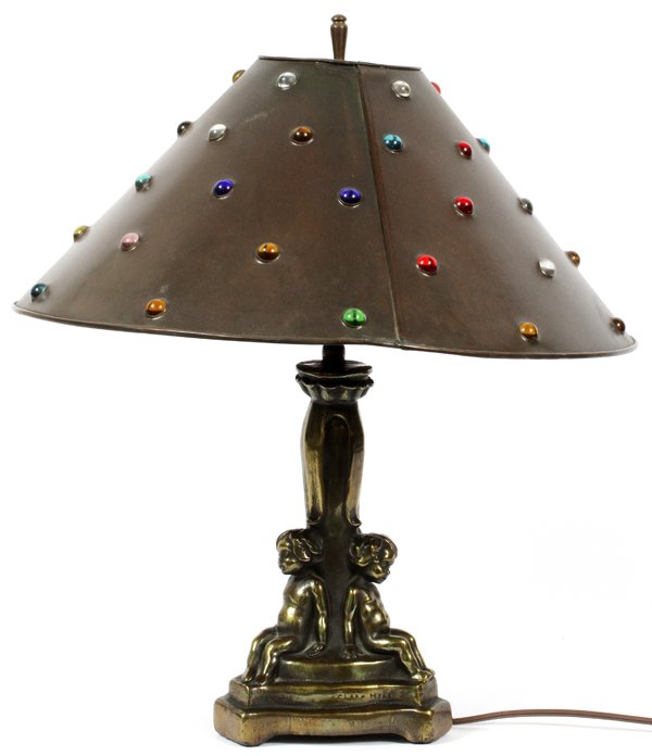 CLARK HILL METAL LAMP: CLARK HILL, METAL LAMP, H 19":Cupids at base. Multi colored beaded glass pieces. For a high resolution photo CLICK HERE