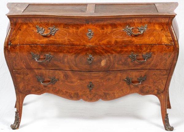 FRENCH MARQUETRY INLAID BOMBE COMMODE 19TH C (1 of 3)