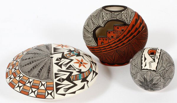 ACOMA POLYCHROME POTTERY VESSELS, 3 PIECES (1 of 2)