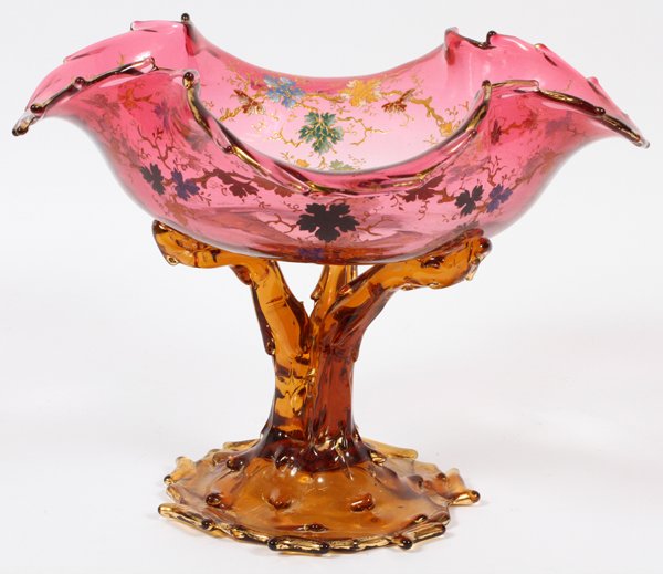 MOSER ENAMELED CRANBERRY & AMBER GLASS COMPOTE LATE (1 of 3)