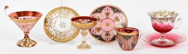 MOSER ENAMELED GLASS CUPS & SAUCERS SEVEN PIECES (1 of 3)