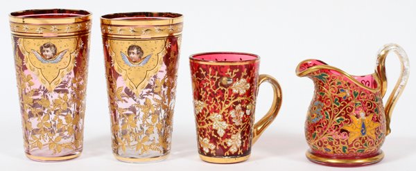 BOHEMIAN ENAMELED & CRANBERRY GLASS CUPS & CREAMER (1 of 2)
