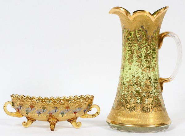 BOHEMIAN GILT & ENAMELED GLASS WATER PITCHER & DISH (1 of 2)