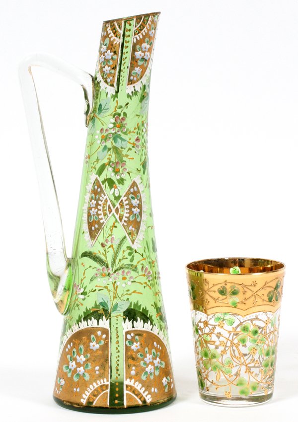 BOHEMIAN GILT & ENAMELED GLASS BOTTLE & TUMBLER (1 of 6)