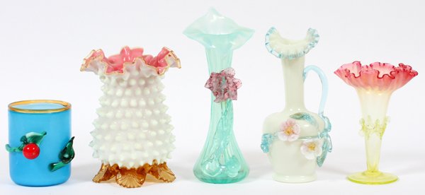 ENGLISH ART GLASS VASES, CRUET & CHERRY JAR (1 of 2)