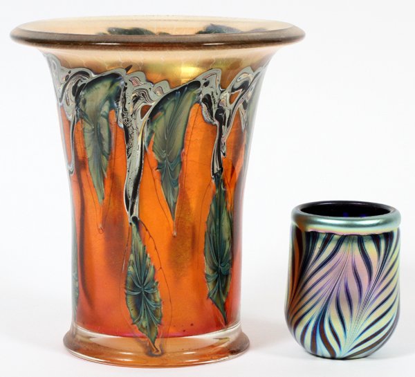 CHARLES LOTTON IRIDESCENT ART GLASS VASES C. 1997: CHARLES LOTTON IRIDESCENT ART GLASS VASES, C. 1997, TWO, H 2" & 5":Including 1 blue glass bud vase with pulled iridescent feather motif, signed and dated "Charles Lotton 1997", H.2 1/4", Dia.1 1/2"; a