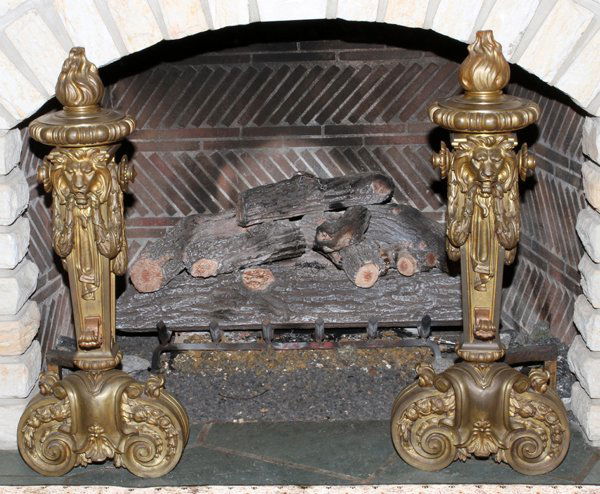 EUROPEAN BRONZE MANSION SIZE ANDIRONS, PAIR (1 of 2)