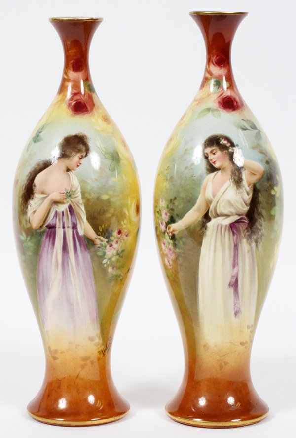 ROYAL BONN ART NOUVEAU PORTRAIT/SCENIC VASES: ROYAL BONN, ART NOUVEAU PORCELAIN PORTRAIT/SCENIC VASES, PAIR, H 10 3/4", SIGNED GERHARD:Each is hand-painted with an art nouveau female among roses at one side, signed "W. Gerhard", and a scenic land