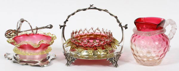 VICTORIAN RUBINA VERDE GLASS PITCHER & RELISH BOWLS (1 of 3)