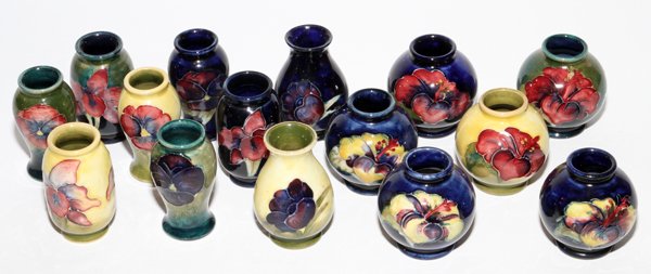 MOORCROFT CERAMIC MINIATURE VASES, FIFTEEN (1 of 2)