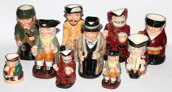 ROYAL DOULTON CHARACTER JUGS, TEN: ROYAL DOULTON CHARACTER JUGS, TEN, H 4"-9":Including Honest Measure, Falstaff, Happy John, Jolly Toby, Sherlock Holmes, another Happy John, the Huntsman, Sir Frances Drake, Sir John Falstaff, and Wins
