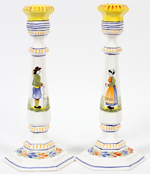 HENRIOT QUIMPER FRENCH POTTERY CANDLESTICKS C. 1940 (1 of 2)