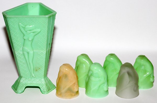 MCKEE BOTTOMS UP GREEN GLASS VASE & TUMBLERS (1 of 2)