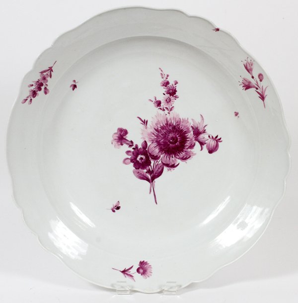 MEISSEN PORCELAIN CHARGER 19TH C.: MEISSEN PORCELAIN CHARGER, 19TH C., DIA 16.5":Magenta-fuchsia hand painted flower spray. Raised scallop border. Marked on the reverse. For a high resolution photo