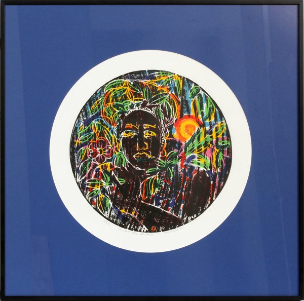DAVID C. DRISKELL CIRCULAR COLOR WOODCUT, 2007: DAVID C. DRISKELL (AMERICAN B. 1931), CIRCULAR COLOR WOODCUT, 2007, IMAGE: H 17", W 17", "HER HAT WAS HER HALO":Framed; pencil signed, dated and titled; #29/40. Provenance: Donnell Walker, Art for all