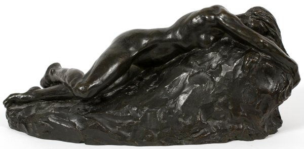 MAX KALISH BRONZE RECLINING NUDE C. 1910: MAX KALISH, USA (1891-45). BRONZE, "RECLINING NUDE," C. 1910, H 16", W 5":Signed M. Kalish '24. For a high resolution photo CLICK HERE