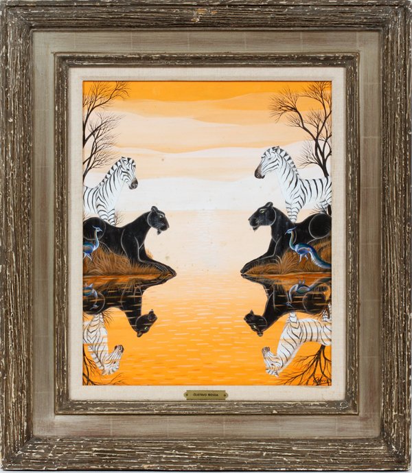 GUSTAVO NOVOA OIL ON BOARD: GUSTAVO NOVOA (CHILEAN, B. 1941) OIL ON BOARD, H 20 1/2", W 17":Panthers and Zebras at the water. Signed lower right. Framed. Wally Findlay Gallery label on verso. For a high resolution photo
