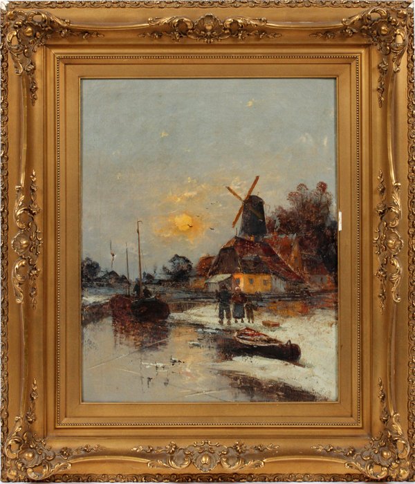MARINUS A. VAN STRATEN OIL ON CANVAS: MARINUS A. VAN STRATEN OIL ON CANVAS, H 20", L 16" DUTCH COASTAL SCENE:Marinus A. van Straten [1808-1863]. A Dutch coastal scene with boats, people and a windmill. Signed lower right. Framed. For a hi