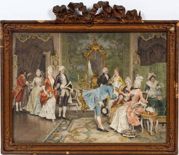 ARTURO RICCI PRINT IN FRENCH STYLE FRAME: ARTURO RICCI PRINT IN FRENCH STYLE FRAME, H 28", W 33":Art print depicting a Viennese reception. For a high resolution photo CLICK HERE