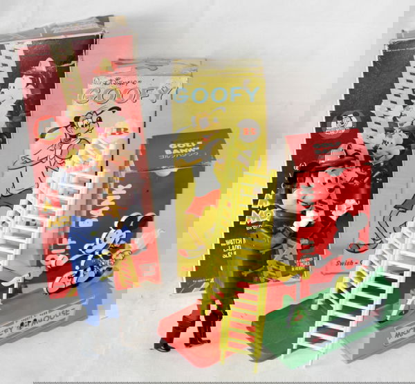 WALT DISNEY 'MICKEY MOUSE' & 'GOOFY' TOYS: WALT DISNEY 'MICKEY MOUSE' & 'GOOFY' TOYS IN ORIGINAL BOXES, THREE:Including 1 Mickey Mouse wind-up climbing toy, dressed as a fireman; 1 Goofy basketball game; and 1 Mickey Mouse golf bank; all in or