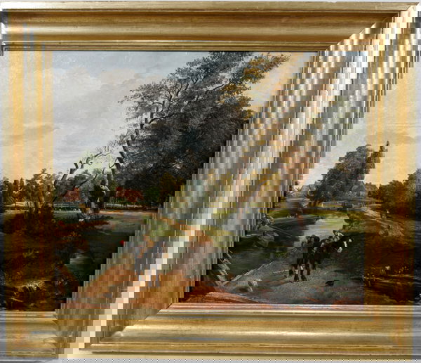 AFTER JOHN CONSTABLE, OIL ON PANEL, LANDSCAPE: AFTER JOHN CONSTABLE, OIL ON PANEL, 'LANDSCAPE WITH VILLAGERS BY A CANAL', 15 3/4" X 18 3/4":Unsigned, framed size 20 1/2" x 23 1/2".