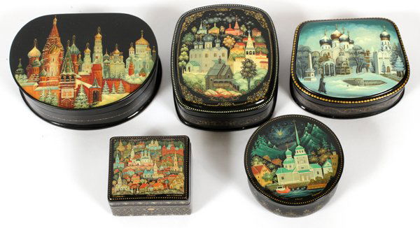RUSSIAN HAND PAINTED LACQUER BOXES C2002 5 PCS. (1 of 2)