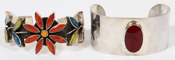 MEXICAN STERLING SILVER CUFF BRACELETS 2 PCS.: MEXICAN, STERLING SILVER, CUFF BRACELETS, 2 PCS.:One having multi-color stones in flower forms. Other has an oval red stone. Both stamped "Mexico 925". Designers jewelry For a high resolution photo