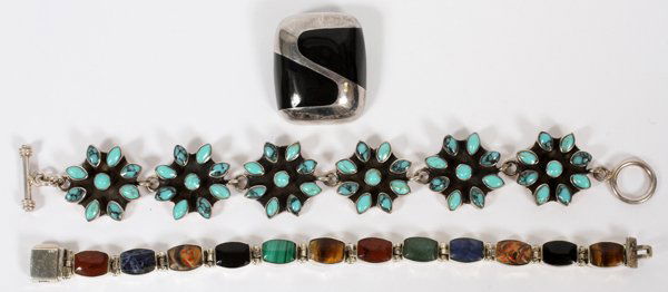 MEXICAN STERLING LINK BRACELETS + BROOCH: MEXICAN STERLING LINK BRACELETS 2 + BROOCH. ONE WITH TORQUISE, MALACHITE,SODALITE,TIGER-EYE,ETC:Designers jewelry. One with turquoise, second bracelet set with malachite, sodalite, onyx, tiger eye, et