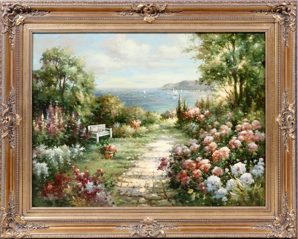 OIL ON CANVAS GARDEN & HARBOR SCENE: OIL ON CANVAS, H 30", W 40", GARDEN & HARBOR SCENE:Unsigned and in a gilt wood frame. Possibly depicting Harbor Springs, Mi. For a high resolution photo CLICK HER
