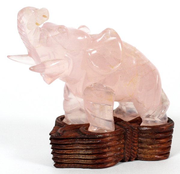 ANTIQUE ROSE QUARTZ AFRICAN ELEPHANT W/ TEAK BASE (1 of 2)
