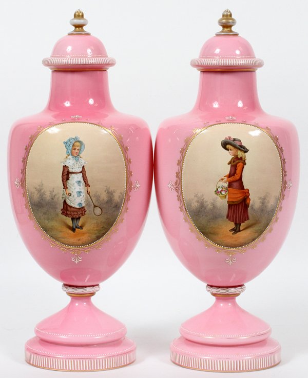 CONTINENTAL GLASS PORTRAIT COVERED URNS C. 1880 (1 of 3)