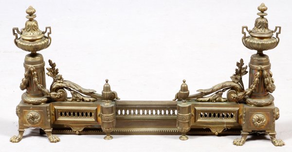 FRENCH REGENCE STYLE BRONZE CHENETS W/ FENDER: FRENCH REGENCE STYLE BRONZE CHENETS, PAIR, WITH INTEGRAL FENDER, C. 1910, H 14", W 42":Comprising a pair of chenets, H.14" x 10" x 3 1/2", with fender, W.24". Three pieces; W.42" approximately when as