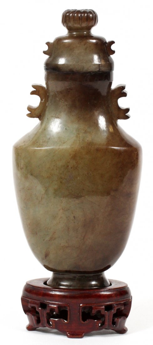 JADE COVERED URN: JADE COVERED URN, H 6":Lemon peel finish. Well hollowed. From a prominent Dearborn Heights, Mi. collector. For a high resolution photo CLICK HERE
