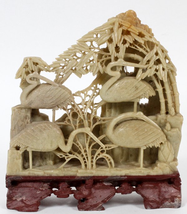CHINESE CARVED SOAPSTONE CRANES & TREE: CHINESE CARVED SOAPSTONE CRANES & TREE, H 6 3/8", W 5 3/4":Depicting four cranes eating leaves. Mounted to a carved base. For a high resolution photo CLICK HERE</