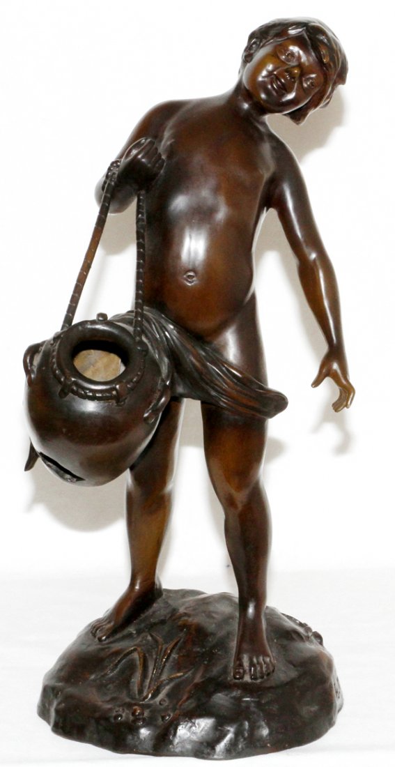 AFTER A. MOREAU BRONZE SCULPTURE: AFTER A. MOREAU, BRONZE SCULPTURE, H 21":Modeled as a boy carrying a water jug. For a high resolution photo CLICK HERE