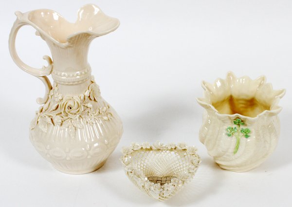 BELLEEK PORCELAIN HEART BASKET EWER & VASE (1 of 2)