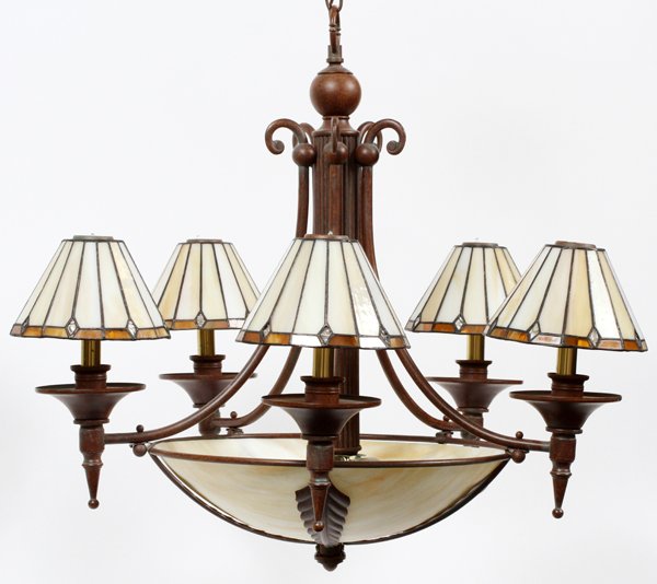 ART DECO STYLE METAL & SLAG GLASS CHANDELIER (1 of 2)