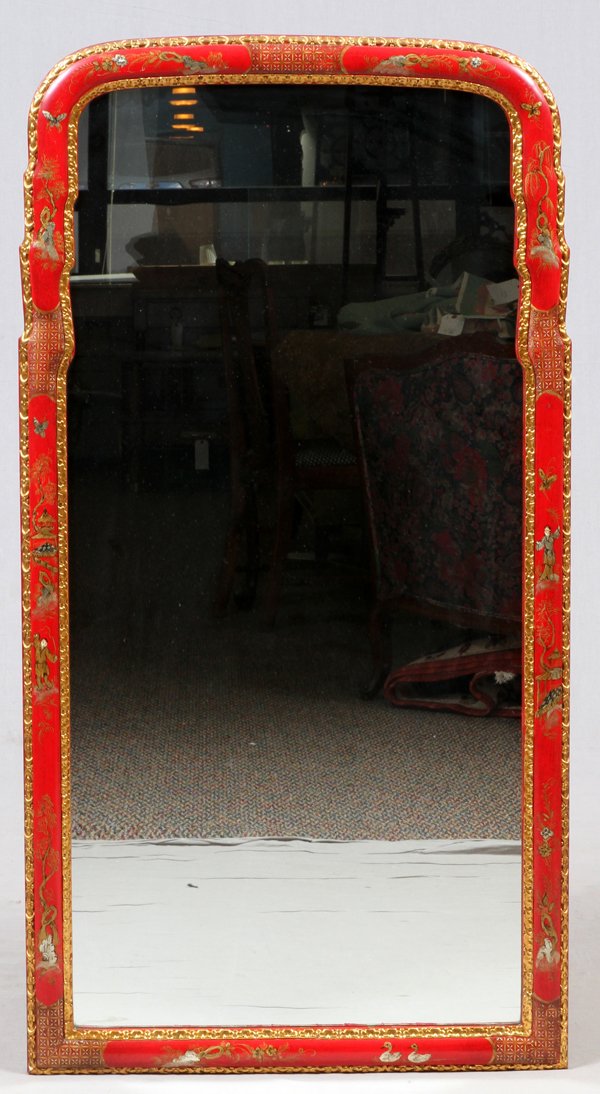 CHINOISERIE DECORATED RED & GOLD MIRROR (1 of 2)