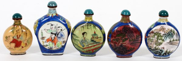 CHINESE ENAMELED BRASS SNUFF BOTTLES, FIVE (1 of 2)