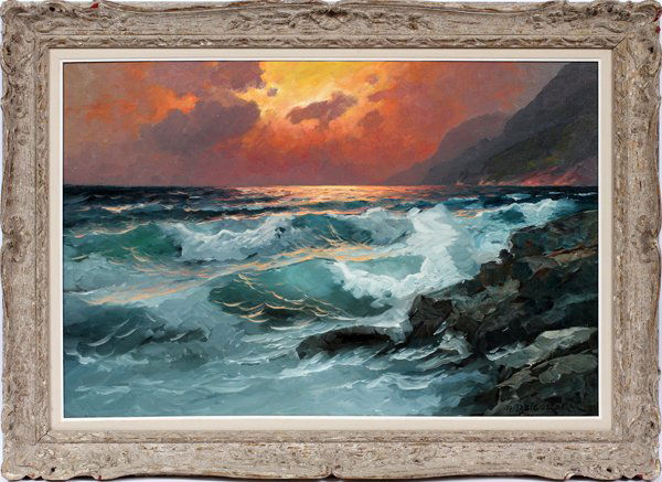 ALEXANDER DZIGURSKI OIL ON CANVAS: ALEXANDER DZIGURSKI OIL ON CANVAS, H 24", L 36", SHORELINE SEASCAPE:Depicting a shoreline seascape at dusk. Signed lower right. Framed. American/Yugoslavian 1911-1995. For a high resolution photo