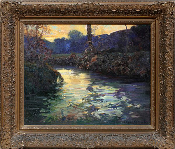 GEORGE AMES ALDRICH OIL ON CANVAS: GEORGE AMES ALDRICH (AMERICAN, 1872-1941), OIL ON CANVAS, H 24", W 30", "COMING TWILIGHT":In Newcomb-Macklin gilt frame; signed lower right; titled on verso. American, 1872-1941. For a high resolution