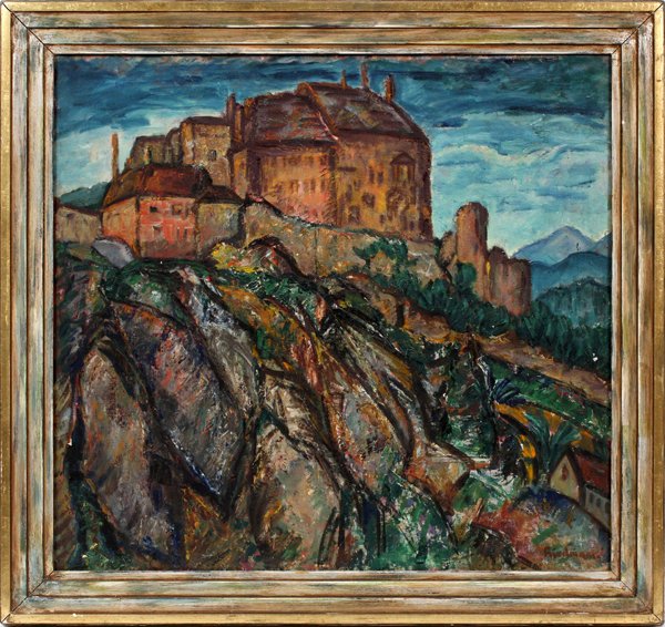 ARNOLD AARON FRIEDMAN OIL ON CANVAS: ARNOLD AARON FRIEDMAN (AMERICAN, 1874-1946), OIL ON CANVAS, H 26", W 28", ABSTRACT LANDSCAPE WITH CASTLE:Signed lower right, also signed on verso; later gilt frame. Arnold Klein, Royal Oak, MI calling