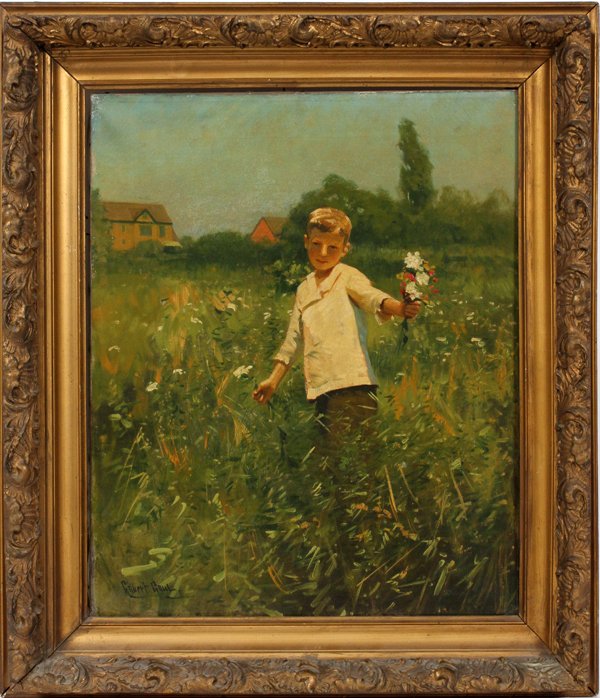 GILBERT GAUL OIL ON CANVAS: GILBERT GAUL (AMERICAN, 1855-1919), OIL ON CANVAS, H 212", L 17", BOY WITH BOUQUET:Depicting a young boy in a field holding a bouquet of flowers. Signed lower left. Framed. American, 1855-1919. For a
