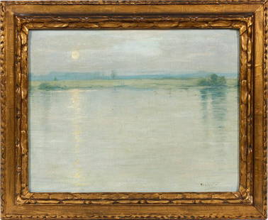 MYRON BARLOW OIL ON CANVAS: MYRON BARLOW (AMERICAN, 1873-1937), OIL ON CANVAS, H 17", L 22", "THE FLATS":An oil on canvas depicting a sunlit view of The Flats in Lake St. Clair, Michigan. Signed lower right. Period carved frame.