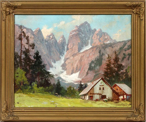 ALEXANDER DZIGURSKI OIL ON CANVAS 1951: ALEXANDER DZIGURSKI (AMERICAN/YUGOSLAVIAN, 1911-1995), OIL ON CANVAS, 1951, H 20", L 25", "VILLAGE IN SLAVONIA":A mountain landscape in Slavonija featuring snow capped mountains in the background and