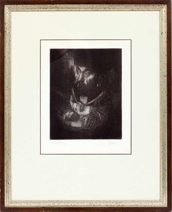 JACK LEVINE ETCHING & AQUATINT 1963 ARTIST PROOF: JACK LEVINE (AMERICAN, 1915-2010), ETCHING & AQUATINT, 1963, ARTIST PROOF, H 9 3/4", W 7 3/4", "MAIMONIDES I":Pencil signed; framed; Richard Berk Gallery, Detroit, MI calling card on verso of framing.