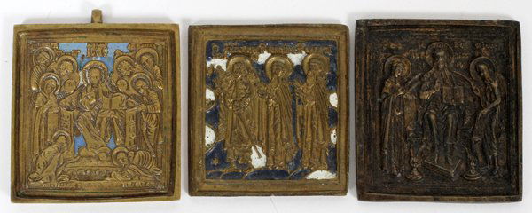RUSSIAN ORTHODOX ENAMELED BRASS ICONS, THREE (1 of 2)