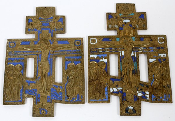 RUSSIAN ORTHODOX ENAMELED BRASS CRUCIFIXES, TWO (1 of 2)