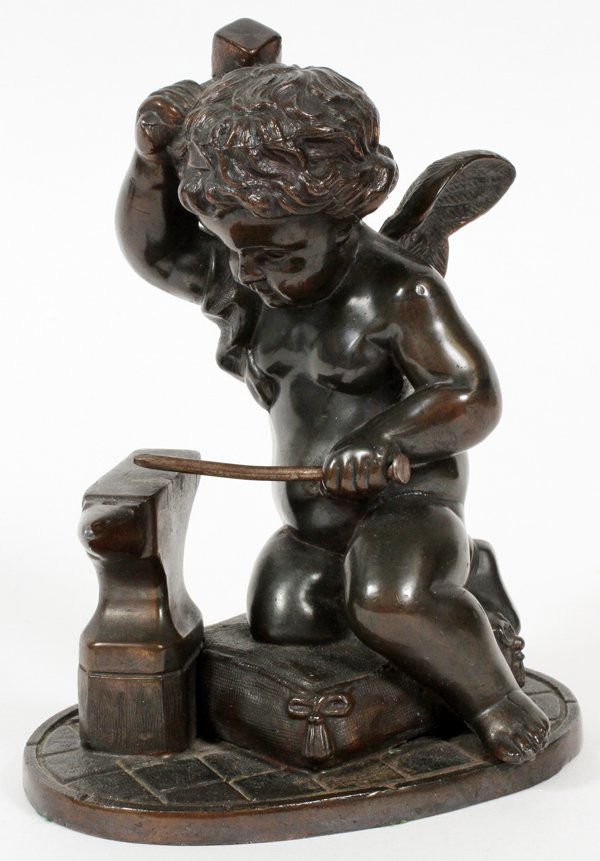 BRONZE SCULPTURE OF CUPID W/ ANVIL AND HAMMER (1 of 2)