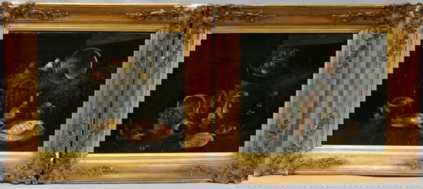 ALBERTUS VERHOESEN OILS ON CANVAS, STILL LIFES: ALBERTUS VERHOESEN [DUTCH 1806 - 1881], OILS ON CANVAS, FARM STILL LIFES, PAIR, 1861, 10" X 11":Each signed and dated lower right. In molded gesso gilt frames. Depicts chickens, copper pot, basket, ea